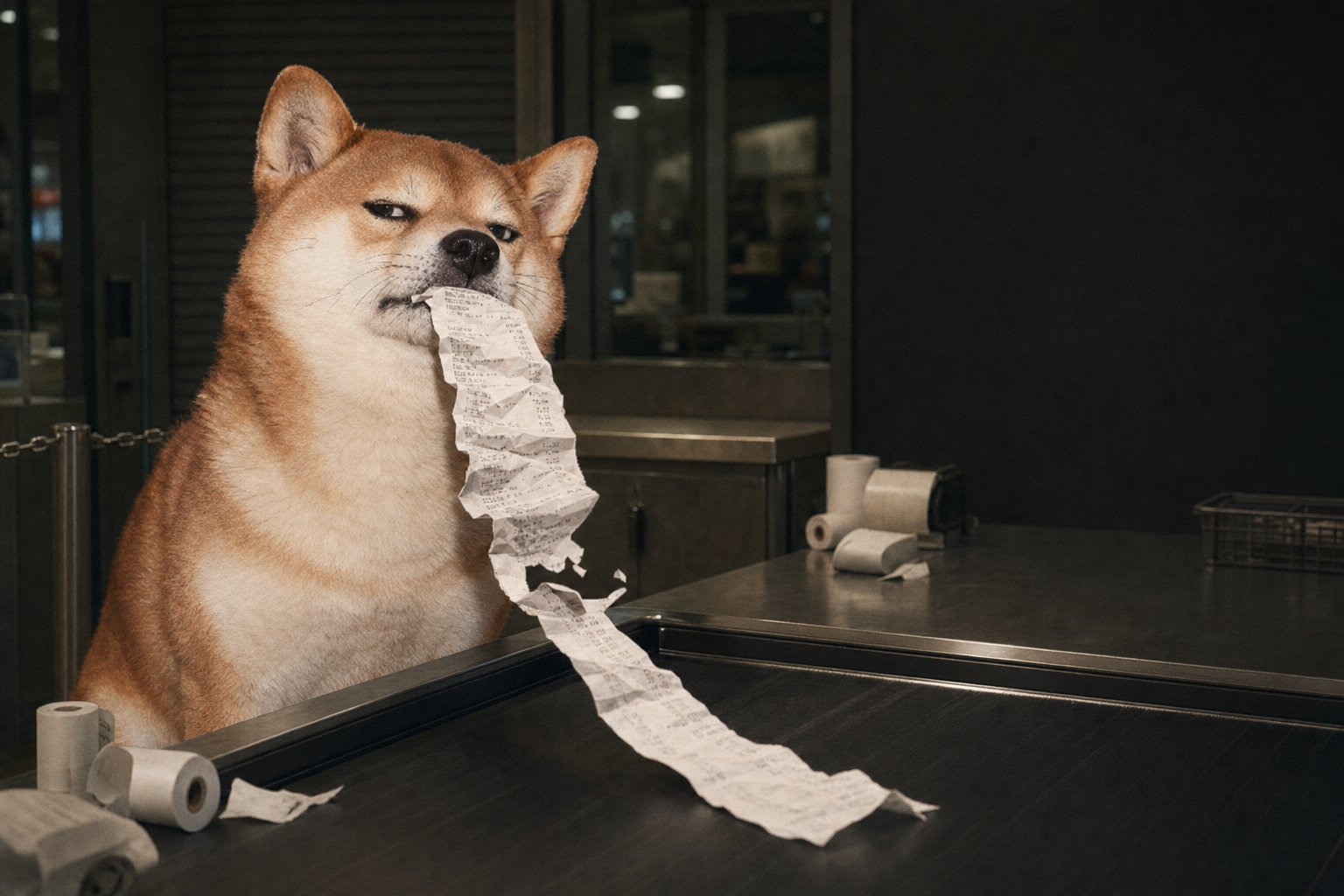 Inu at a steel returns counter with a long receipt trailing across it