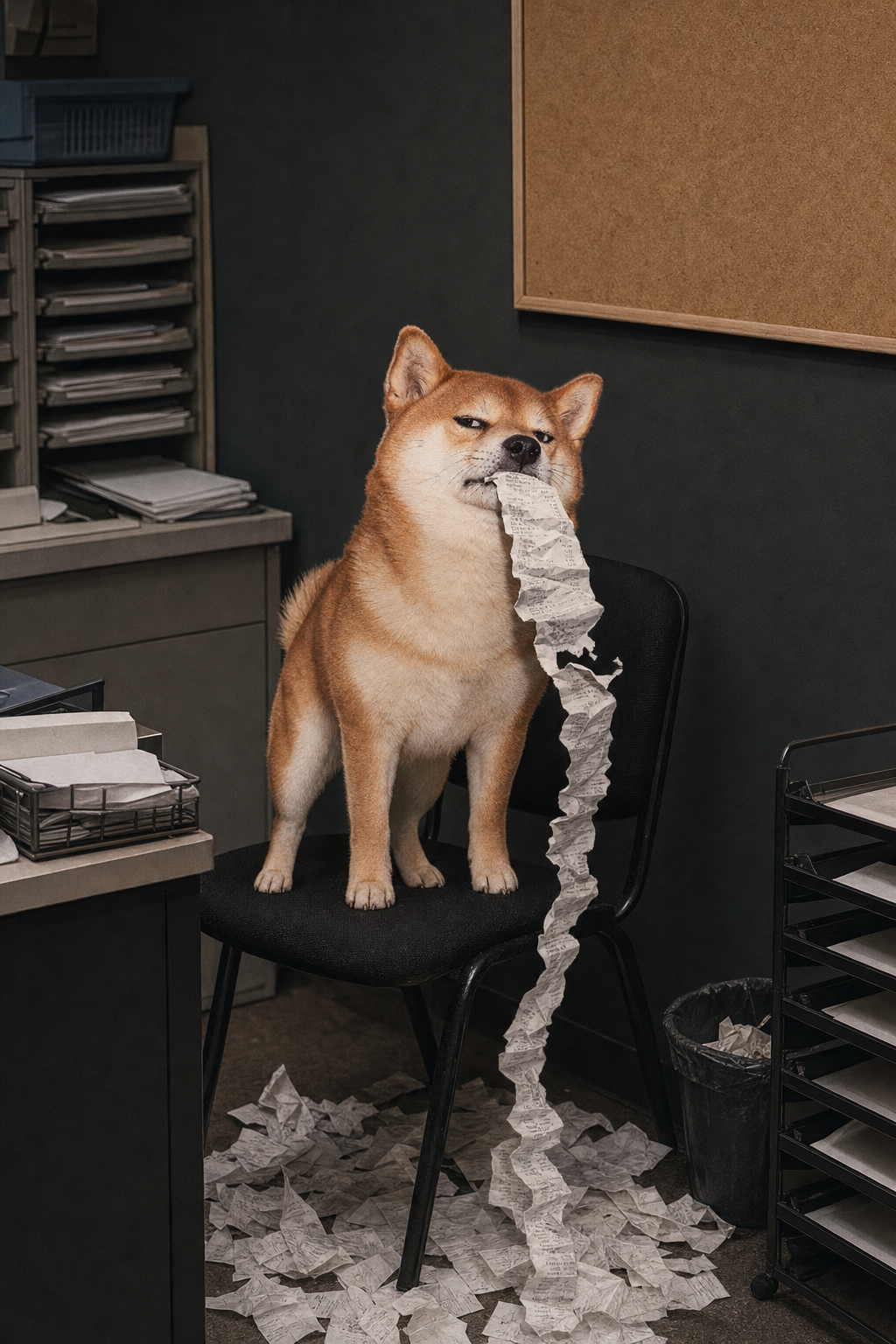Inu standing on an office chair as the receipt piles up on the floor