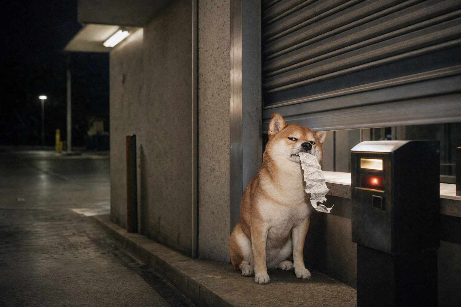 Inu sitting by a half-closed shutter window at night, receipt in mouth